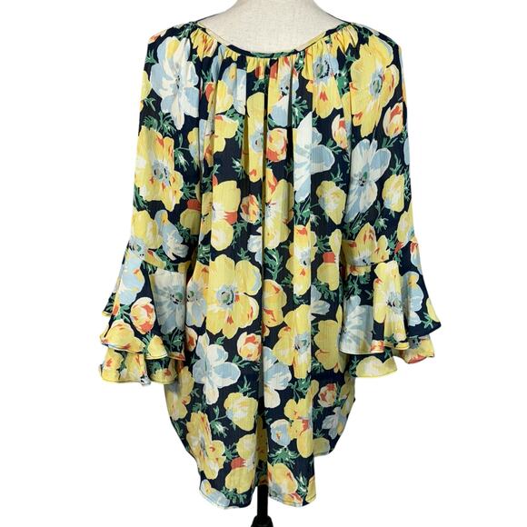 Chaps X-Large Top Floral Semi-Sheer Ruffled 3/4 Bell Sleeves Keyhole Round Neck - Picture 5 of 8
